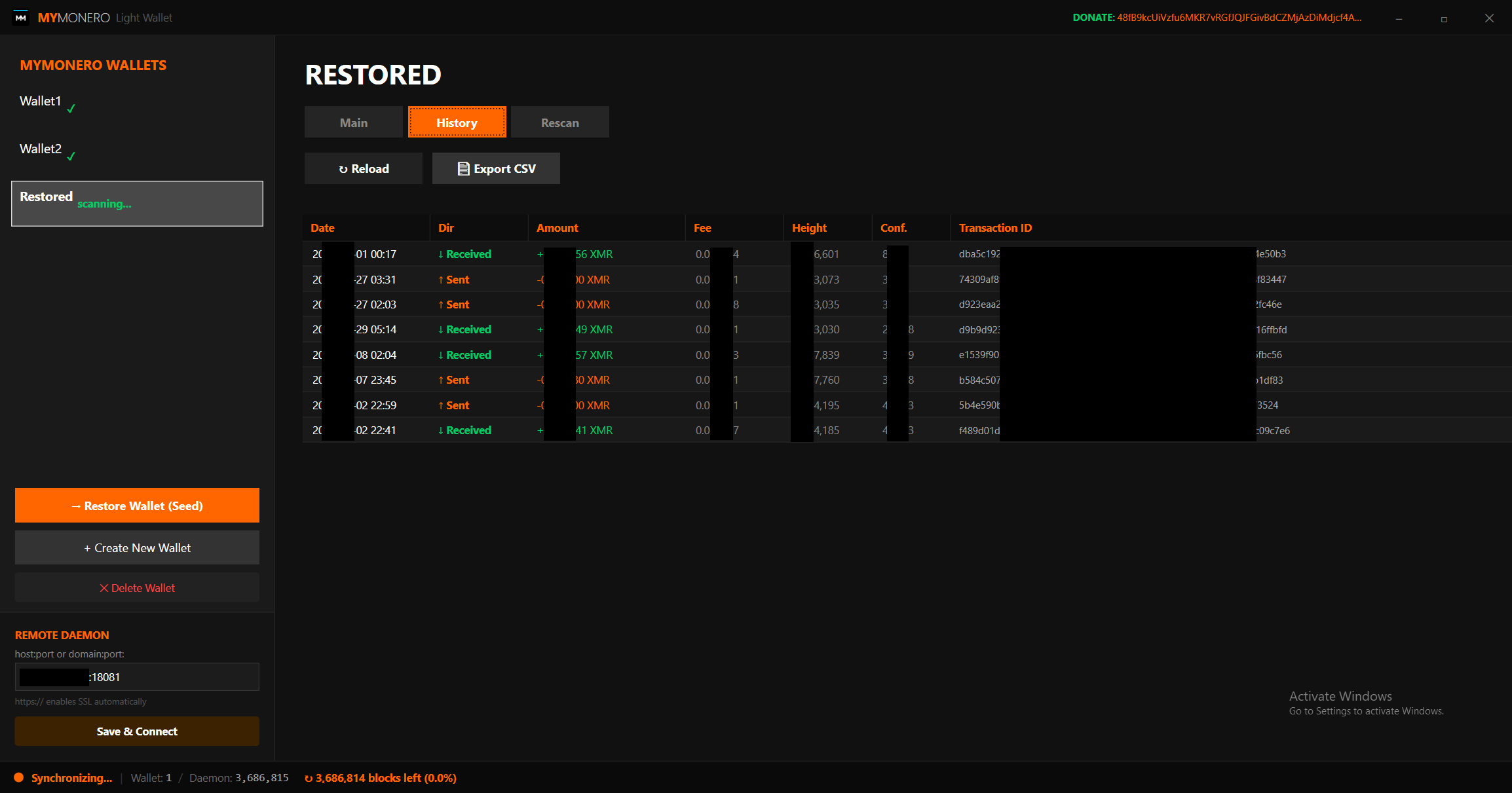 Transaction history